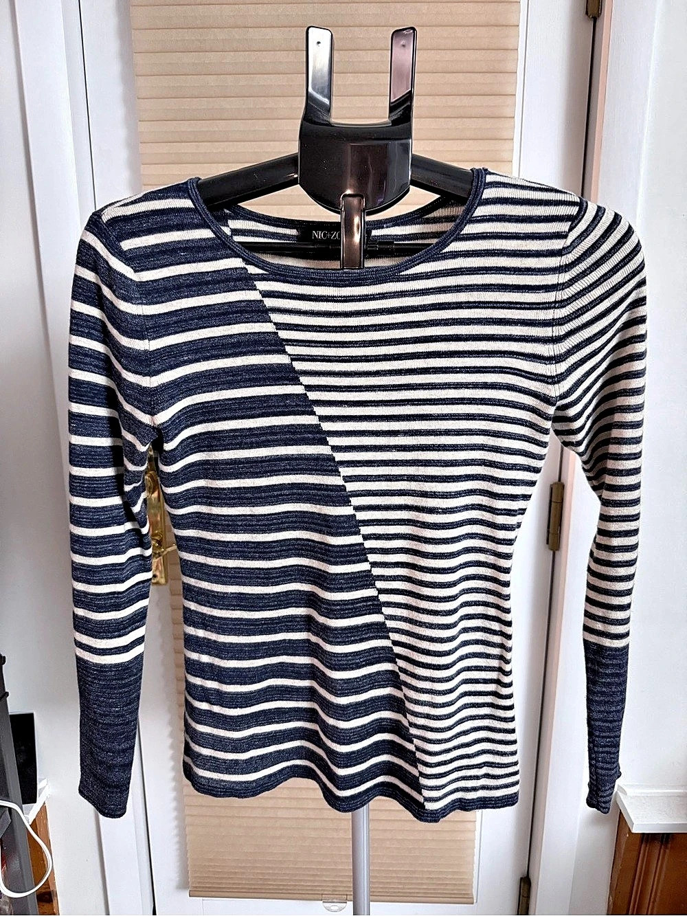 Parisian chic Nautical NIC+ZOE contrast asymmetrical Striped Top in Blue & Cream